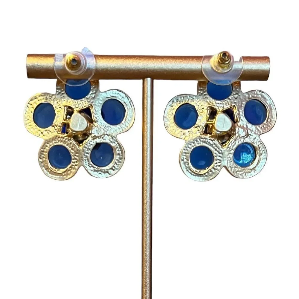 NEW 14K Gold Plated Chanel Style Camellia Blue Glass Cabochon Earrings - Picture 4 of 7